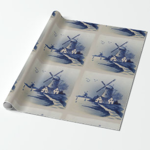 Papel De Presente Azul Vintage Delft Moinho de Vento Branco