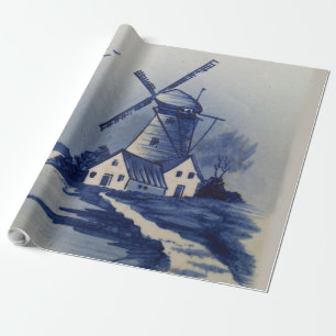 Papel De Presente Azul Vintage Delft Moinho de Vento Branco