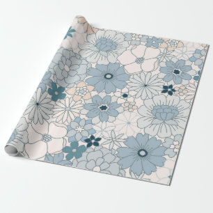 Papel De Presente Azul Vintage e Floral Boho Groovy em Bege
