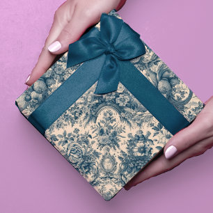 Papel De Presente Azul Vintage Floral Toile de Jouy