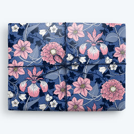 Papel De Presente Azul Vitoriano e Floral Rosa