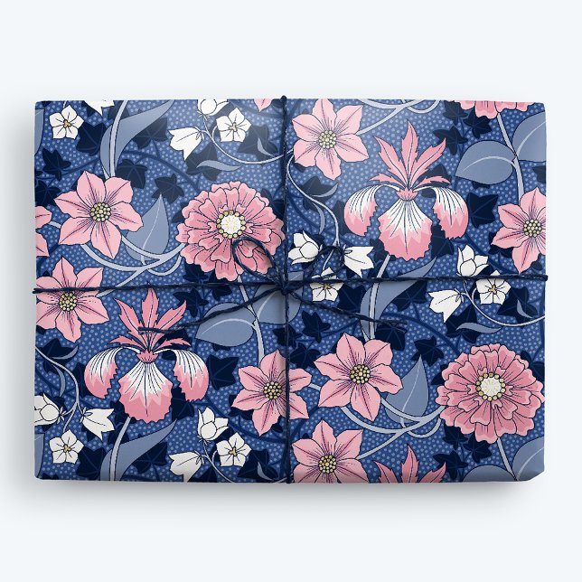 Papel De Presente Azul Vitoriano e Floral Rosa (Criador carregado)