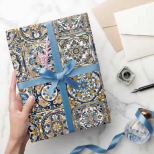 Papel De Presente Azulejo Azul Amarelo Branco Preto Espanhol Marroqu
