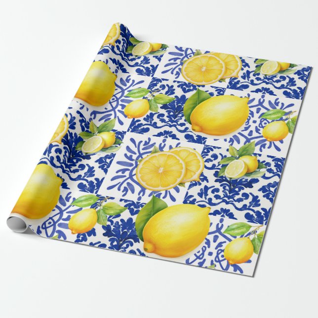 Papel De Presente Azulejo Azul Branco com Padrão de Limão Mediterrân (Desenrolado)