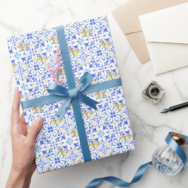 Papel De Presente Azulejo Azul Francês Padrão de Limão Country