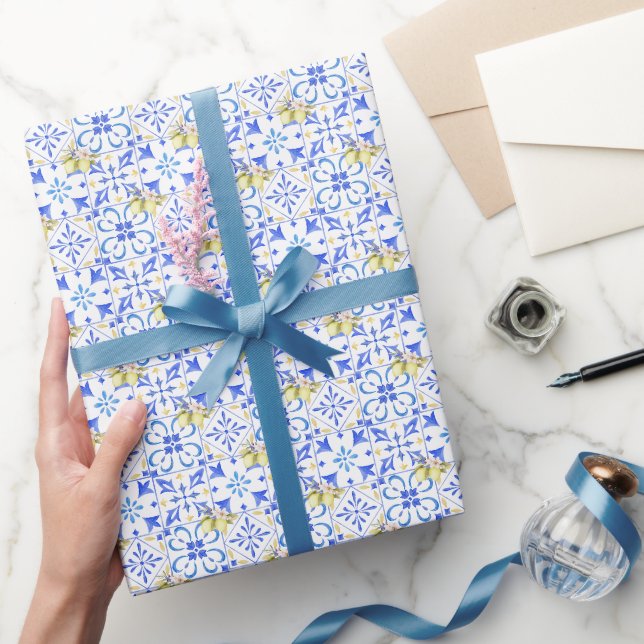 Papel De Presente Azulejo Azul Francês Padrão de Limão Country (Presentear)