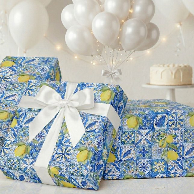 Papel De Presente Azulejo Azul Francês Padrão de Limão Provençal (Criador carregado)