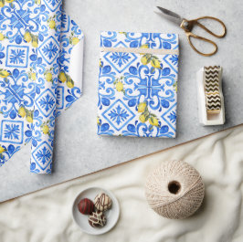Papel De Presente Azulejo Azul Limão Amarelo 