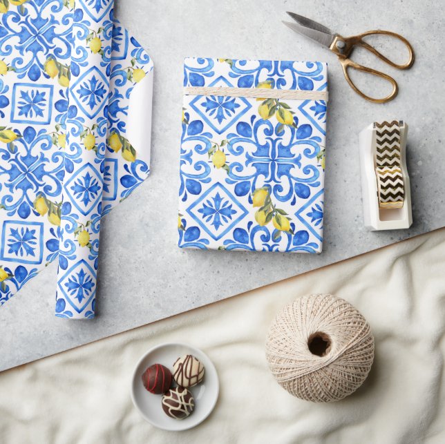 Papel De Presente Azulejo Azul Limão Amarelo  (Artesanato)