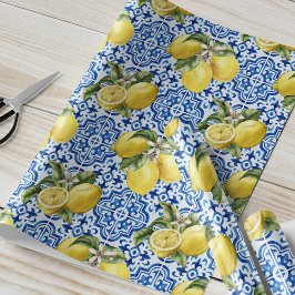 Papel De Presente Azulejo Azul Limão Padrão Mediterrâneo
