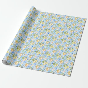 Papel De Presente Azulejo Azul Mediterrâneo Limão Amarelo Aquarela