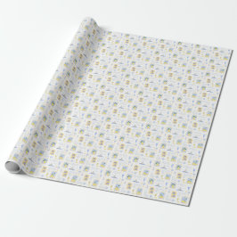 Papel De Presente Azulejo Azul Mediterrâneo Limão Amarelo Costeiro