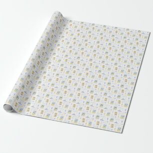 Papel De Presente Azulejo Azul Mediterrâneo Limão Amarelo Costeiro