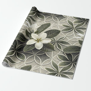 Papel De Presente Azulejo Botânico de Plumeria Branca e Salvia Verde