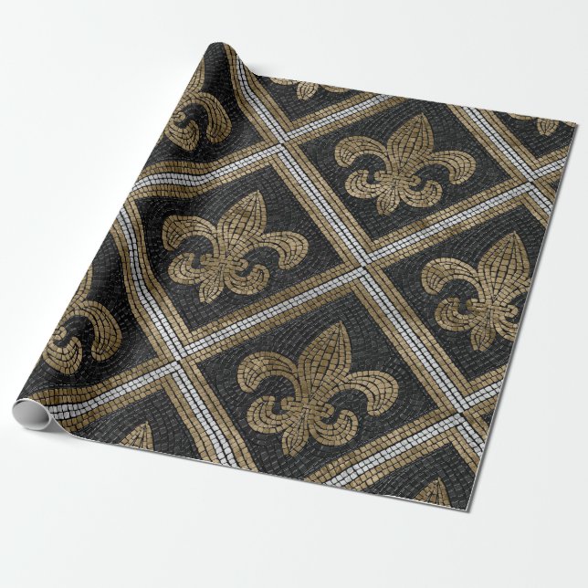 Papel De Presente azulejo de fleur-de-lis, preto e dourado (Desenrolado)