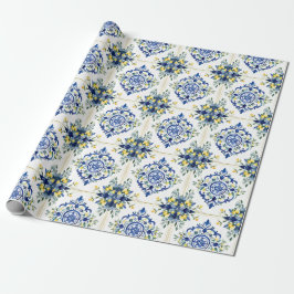Papel De Presente Azulejo Floral de Limão Italiano Azul e Branco