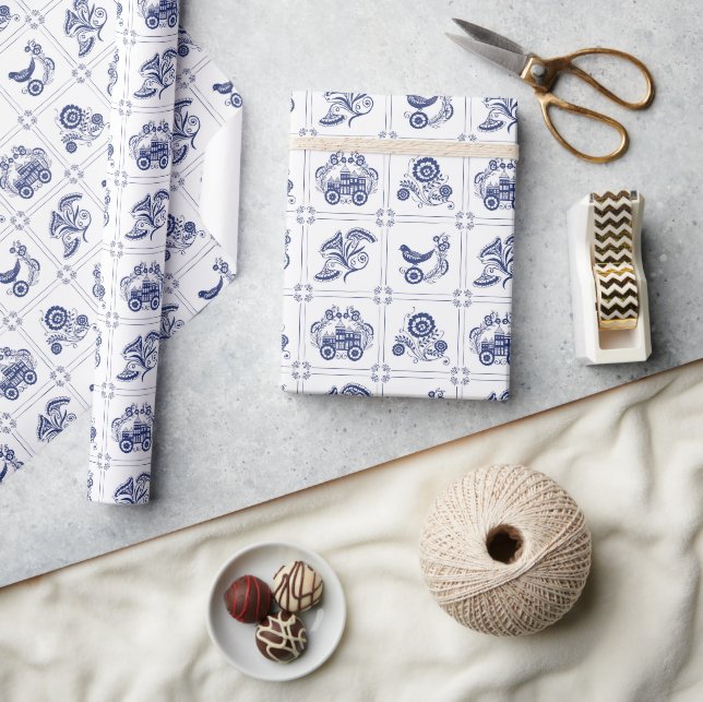 Papel De Presente Azulejo Floral e Ave Clássico Holandês Delft Azul (Artesanato)