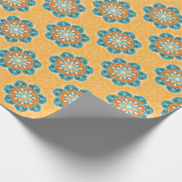 Papel De Presente Azulejo Floral Mandala em Laranja e Teal