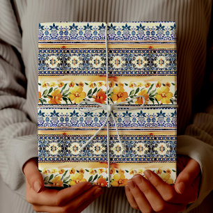 Papel De Presente Azulejo Floral Mediterrâneo Azul Elegante Amarelo