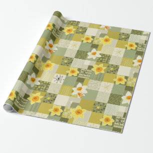 Papel De Presente Azulejo Floral Oliva Narciso - Meados do Século