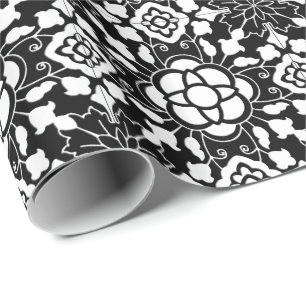 Papel De Presente Azulejo marroquino floral, preto e branco