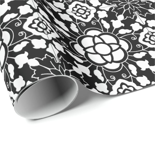Papel De Presente Azulejo marroquino floral, preto e branco (Ponta do rolo)