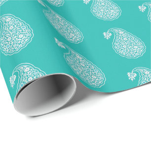 Papel De Presente Azulejo persa paisley - branco na turquesa