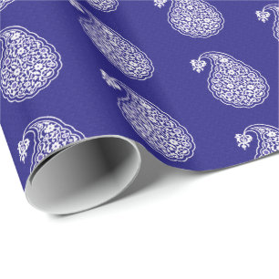 Papel De Presente Azulejo persa paisley - branco no azul de índigo