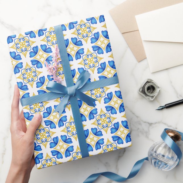 Papel De Presente Azulejo Português Mediterrâneo Tradicional (Presentear)