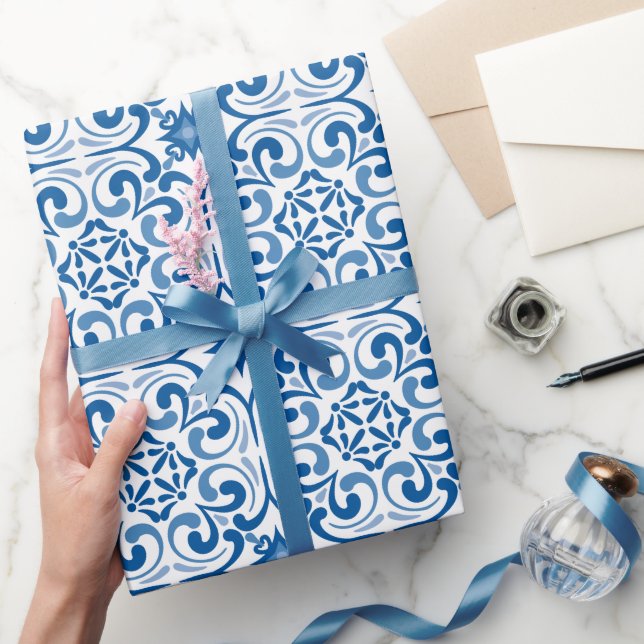 Papel De Presente Azulejo Português Mediterrâneo Tradicional (Presentear)