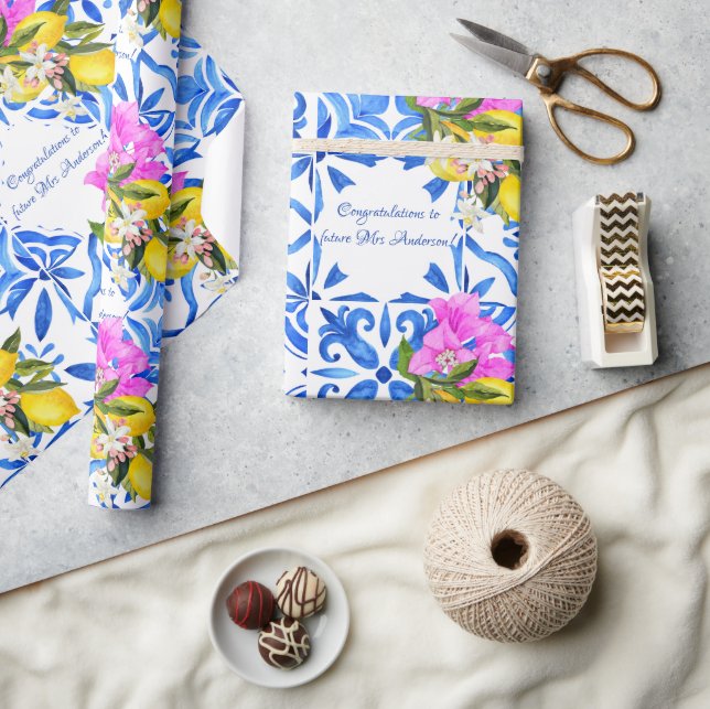 Papel De Presente Azulejos azuis Bougainvillea elegante personalizad (Artesanato)