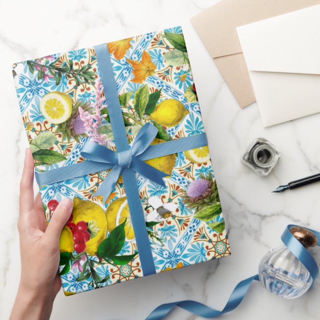 Papel De Presente Azulejos Azuis Padrão Mediterrâneo (Presentear)