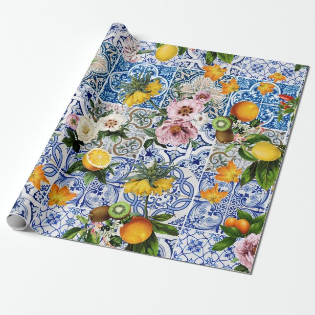 Papel De Presente azulejos de estilo siciliano com flores e limão (Desenrolado)