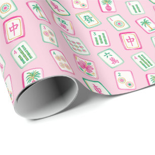 Papel De Presente Azulejos de Mahjong Pink & Green Palm Beach