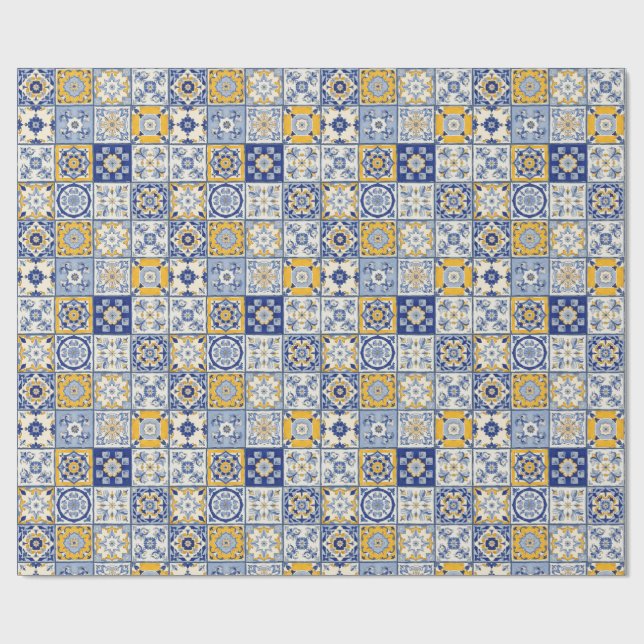 Papel De Presente Azulejos Espanhóis Azul Amarelo (Aberto)