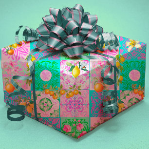 Papel De Presente Azulejos Florais de Citrino Siciliano Rosa Chic