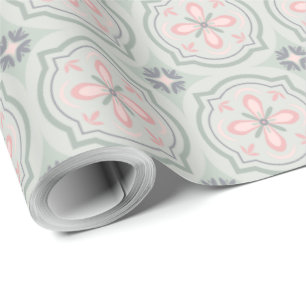 Papel De Presente Azulejos Florais Pastel Verde