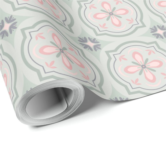 Papel De Presente Azulejos Florais Verde Pastel (Ponta do rolo)