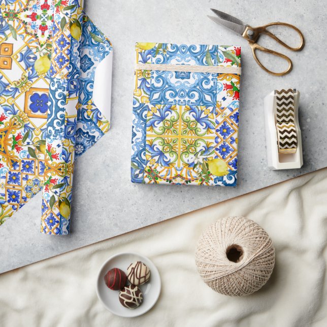 Papel De Presente Azulejos mediterrânicos, majolica, estilo Sicilian (Artesanato)