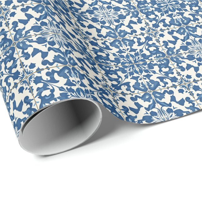 Papel De Presente Azulejos modernos portugueses Marinho Azulejos e B (Ponta do rolo)