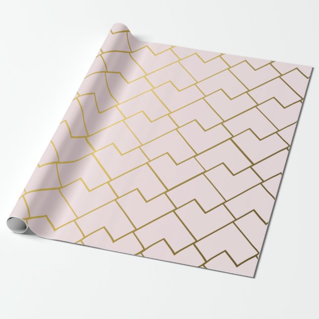 Papel De Presente Azulejos Rosa Dourado Geométrico Chic Moderno (Desenrolado)