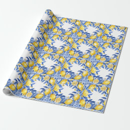 Papel De Presente Azulejos Sicilianos com Padrão de Limão Mediterrân