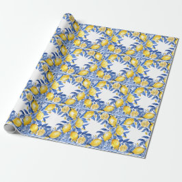 Papel De Presente Azulejos Sicilianos com Padrão de Limão Mediterrân