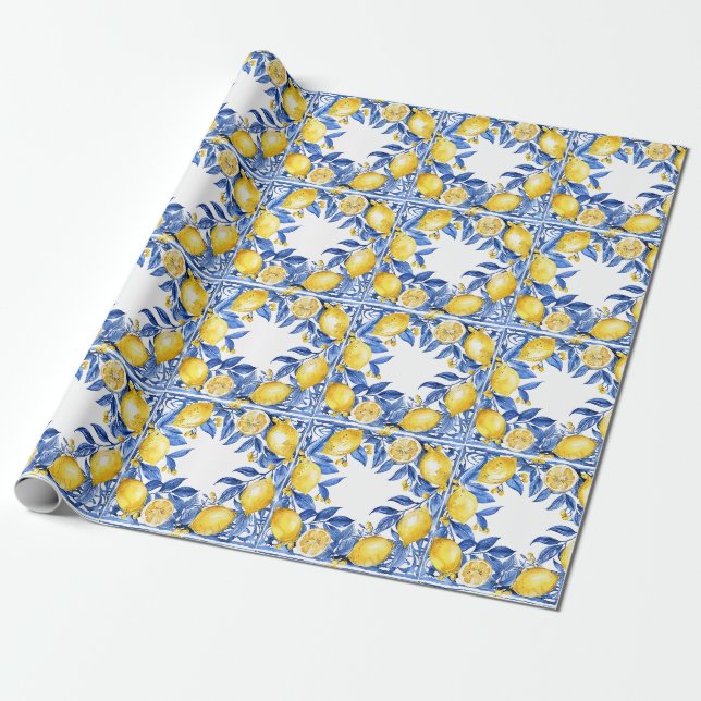 Papel De Presente Azulejos Sicilianos com Padrão de Limão Mediterrân (Desenrolado)