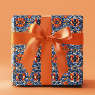 Papel De Presente Azulejos Talavera Mexicana Louça Azul Laranja