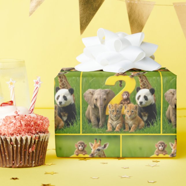 Papel De Presente Baby African Animals With a Big Number Two (Festa de aniversário)