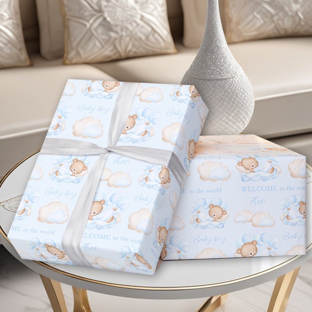 Papel De Presente Baby Bear Blue (Baby Bear Blue Newborn Baby Boy Name Wrapping Paper)