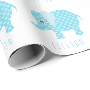 Papel De Presente Baby Blue Elephants - Nome do Chá de fraldas