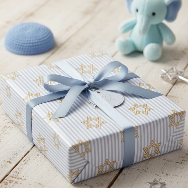 Papel De Presente Baby Blue Shalom Zachor Jewish (Jewish Star of David Baby Boy Wrapping Paper for Bris & Baby Naming Ceremony, Mazel Tov & Hanukkah)