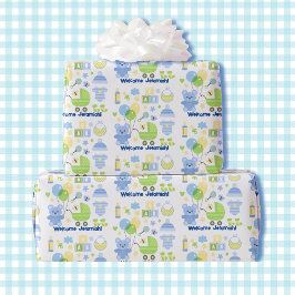 Papel De Presente Baby Boy Add Name Blue Balloons & Teddy Bear